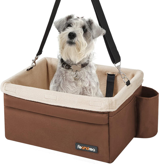 Dog Car Seat Adjustable Straps Washable Liner 4 Pockets Brown and Beige