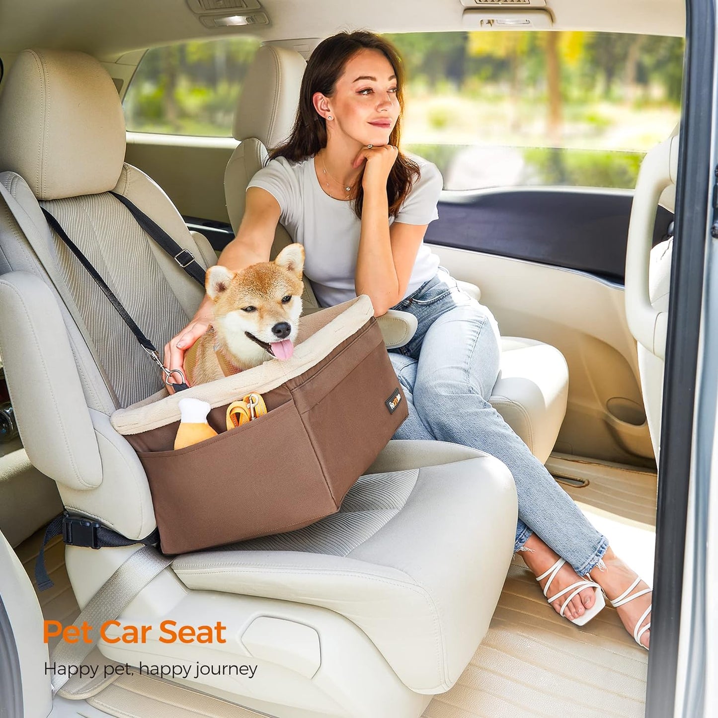 Dog Car Seat Adjustable Straps Washable Liner 4 Pockets Brown and Beige